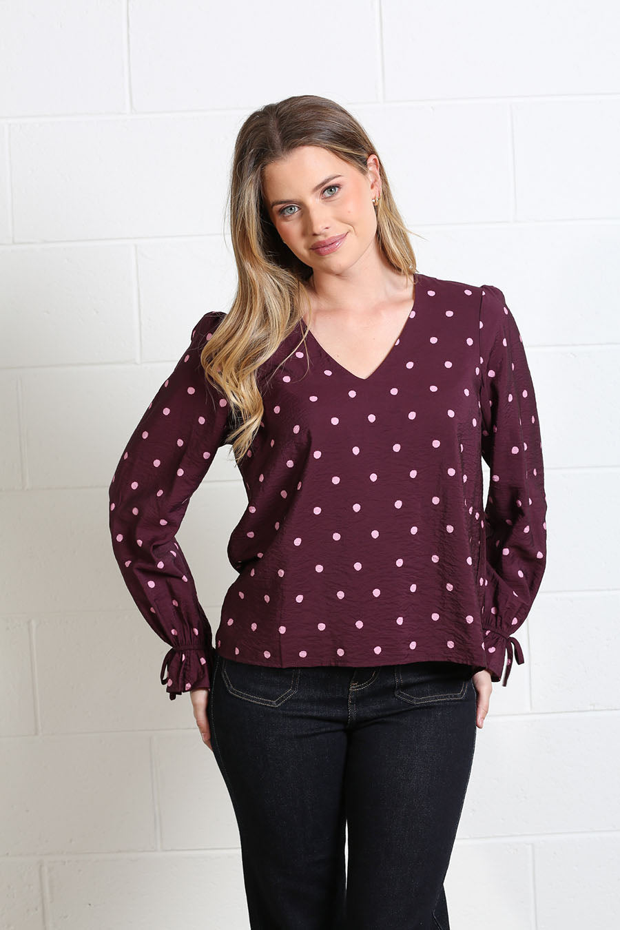 Rant and Rave Sophia Top Burgundy Dot